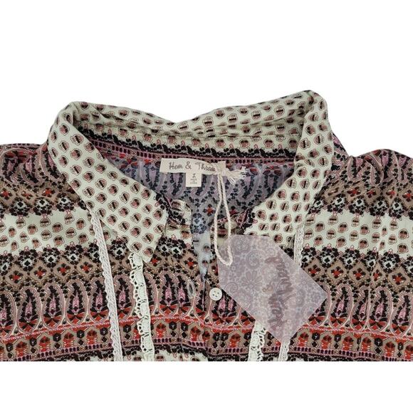 Hem‎ & Thread Boho Peasant Top Women’s Sz L Paisley Print Button Up Collared NWT - Picture 4 of 6
